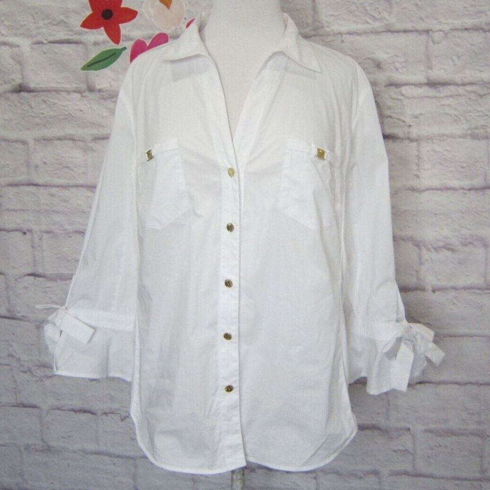 Anne Klein Women's XL White Button Front Bell Tie Sleeve Blouse w/ Pockets